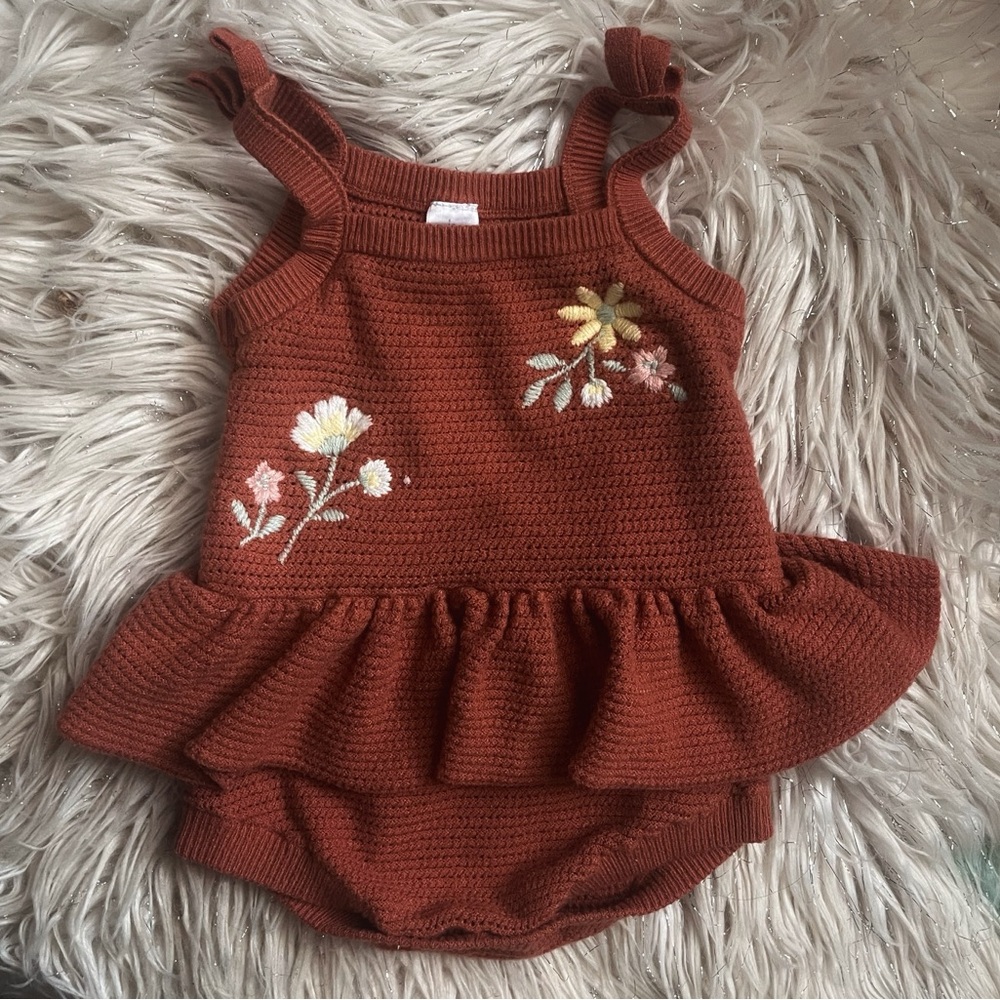 Rust Knitted Baby Romper with Floral Embroidery
